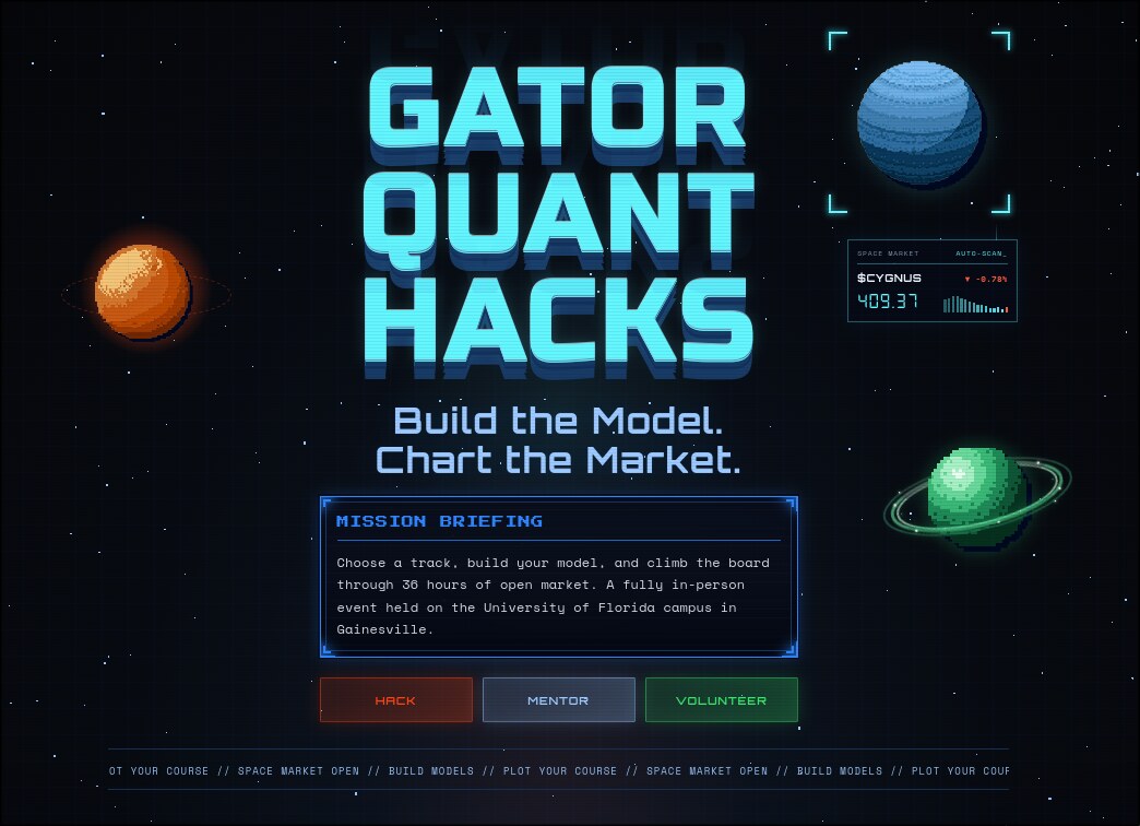 Gator Quant Hacks 2026 landing page: pixel-art planets around the event title
